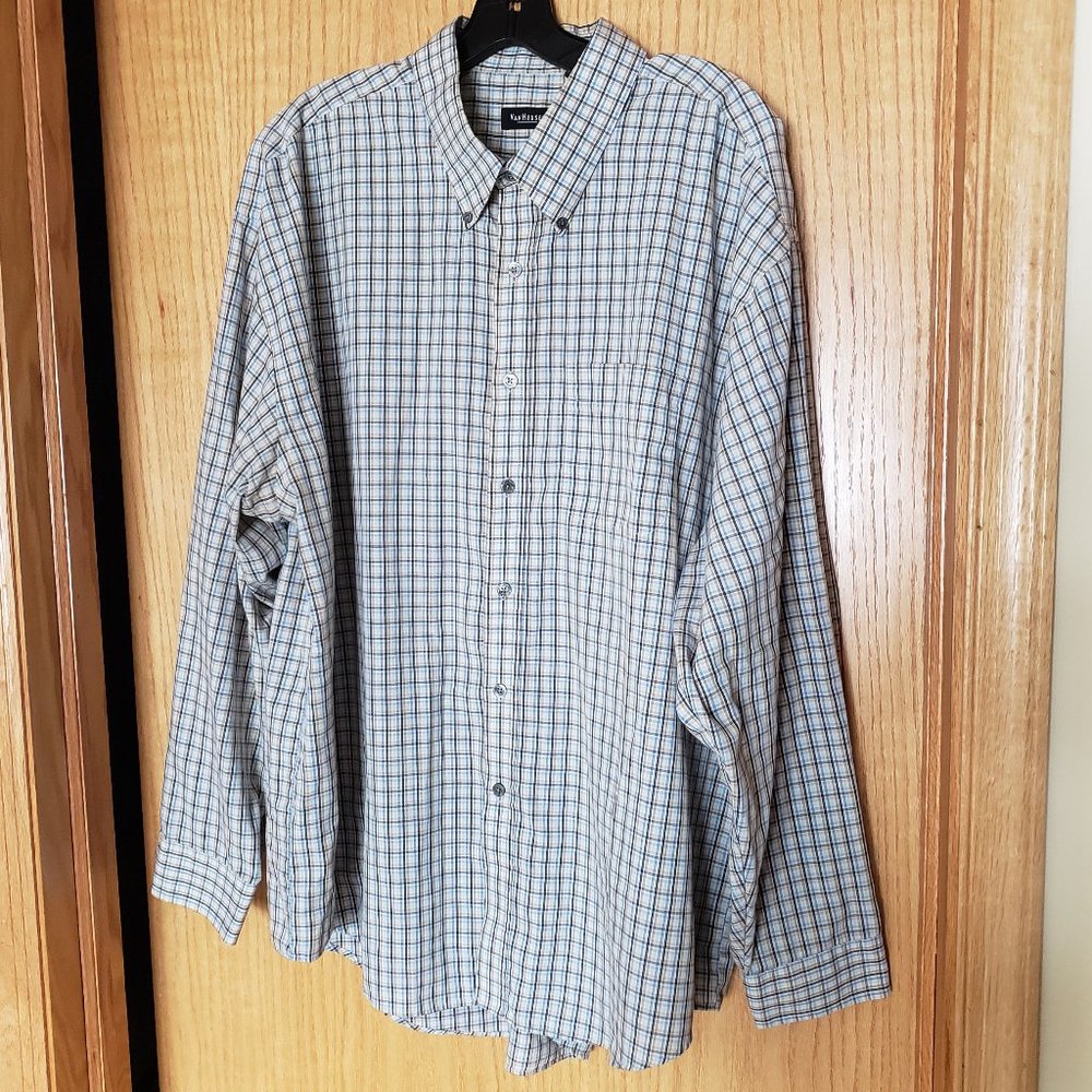 Van Heusen tan/blue/dark gray checkered long sleeve button front dress shirt XXL